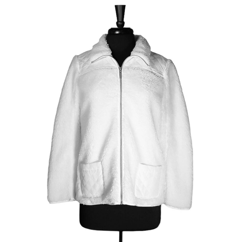 Chico's Women's Teddy Jacket White Faux Fur Quilted Full Zip Insulated 1 US M/8